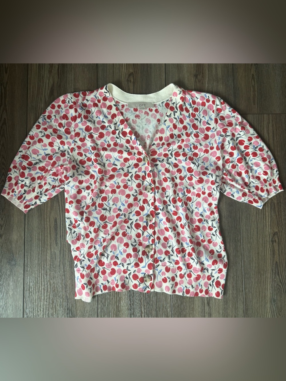 LOFT White Cardigan with Pink Cherry Print XS